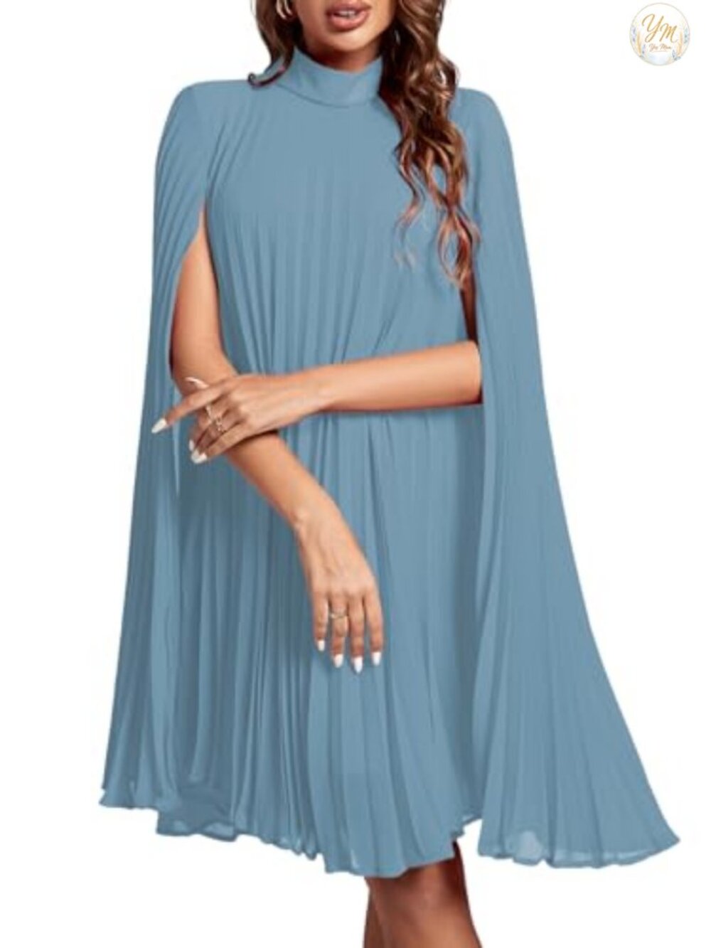 Mock Neck Cloak Sleeve Midi Dress Pleated Party